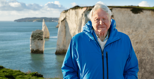 David Attenborough stands by a cliff side in a blue rain coat in the sun