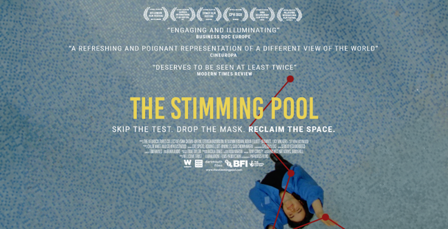 A person stands at the bottom of a blue-tiled empty swimming pool. The title 'The Stimming Pool' sits in the centre in yellow with reviews around it in white text