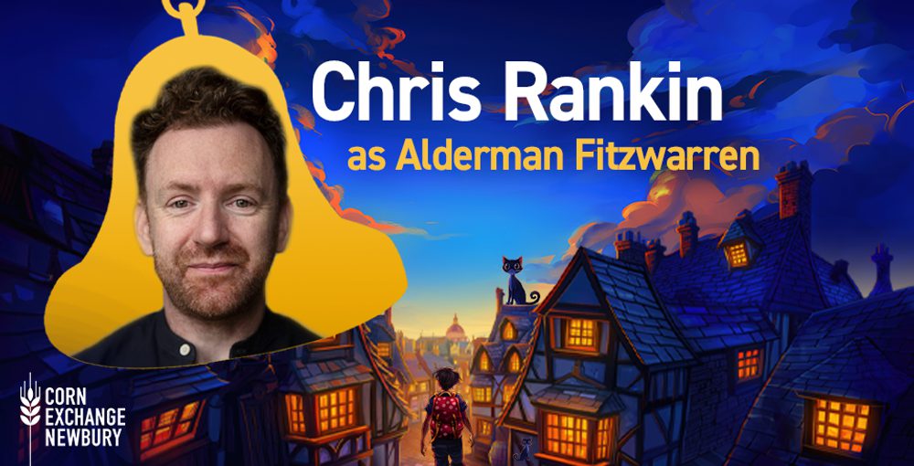 'Chris Rankin as Alderman Fitzwarren' text sits over an illustration of a town with a man with ginger hair smiling to the right