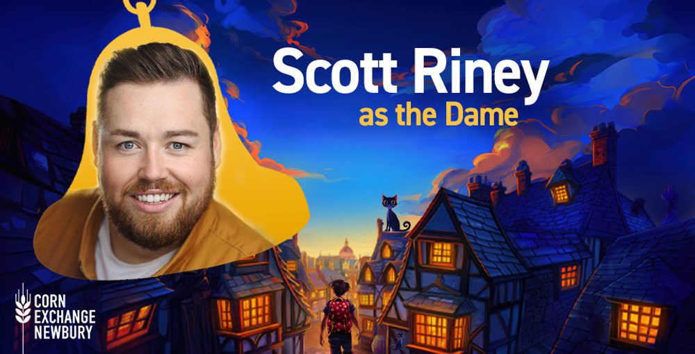 'Scott Riney as the Dame' text sits over an illustration of a town with a man with a brown beard smiling to the right