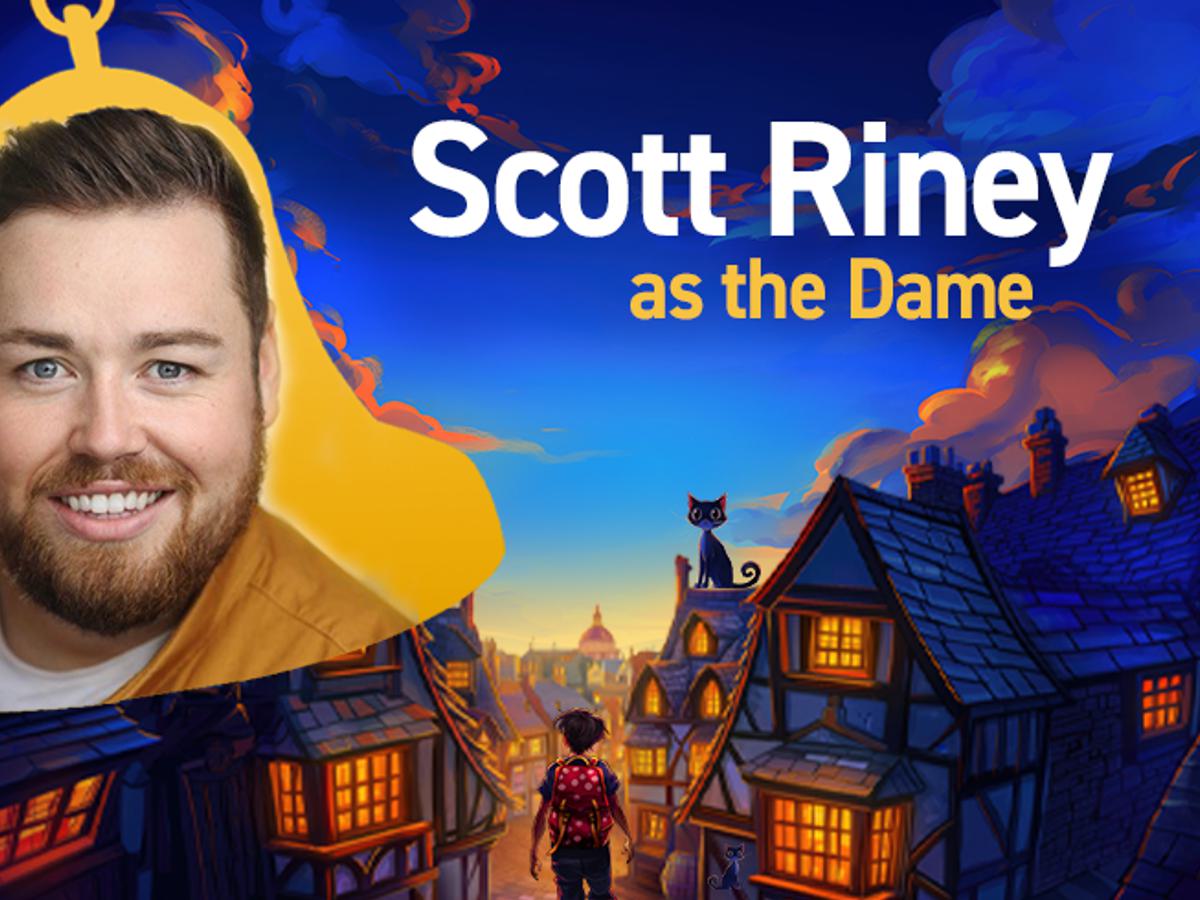 'Scott Riney as the Dame' text sits over an illustration of a town with a man with a brown beard smiling to the right