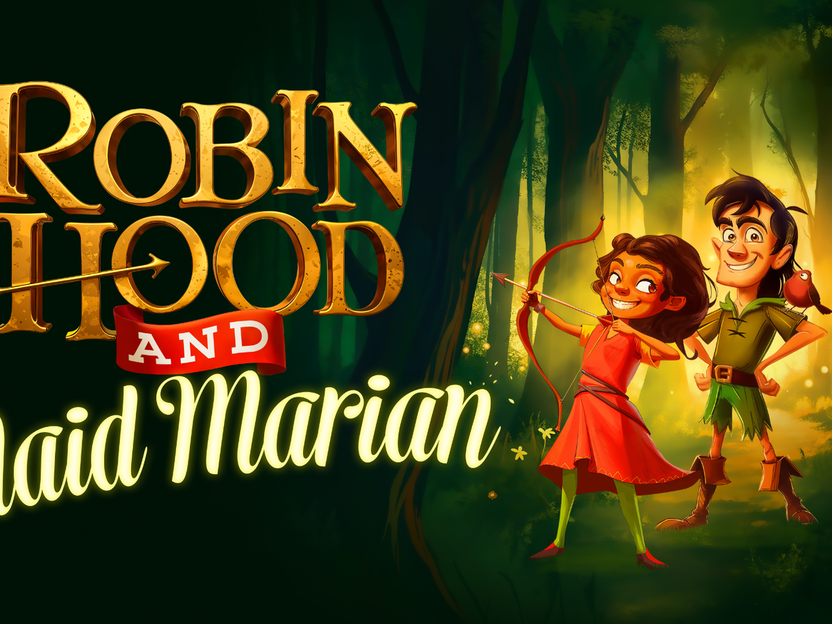 A cartoon woman with a bow and arrow in hand stands next to a man with a green outfit, his hands on his hips and a robin on his shoulder. Behind them is a green forest and sparkling lights. The title Robin Hood and Maid Marian sits to the left.