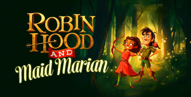 A cartoon woman with a bow and arrow in hand stands next to a man with a green outfit, his hands on his hips and a robin on his shoulder. Behind them is a green forest and sparkling lights. The title Robin Hood and Maid Marian sits to the left.