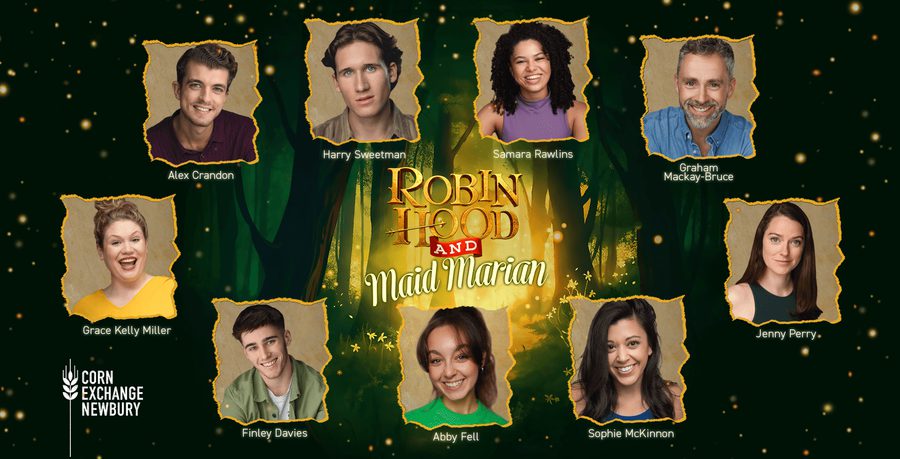 A group of people in brown ripped paper squares over a gold forest with the title 'Robin Hood and Maid Marian'