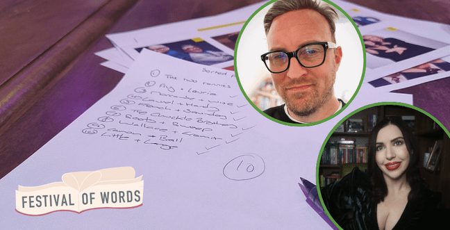 A quiz sheet on a table with two images of people in circles and a logo that says 'Festival of Words' in the left corner