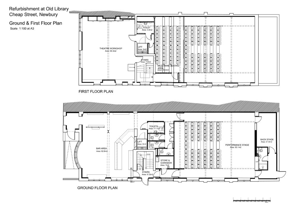 A line drawing of the Old Library redevelopment plans showing the ground floor and first floor