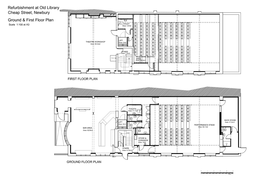 A line drawing of the Old Library redevelopment plans showing the ground floor and first floor