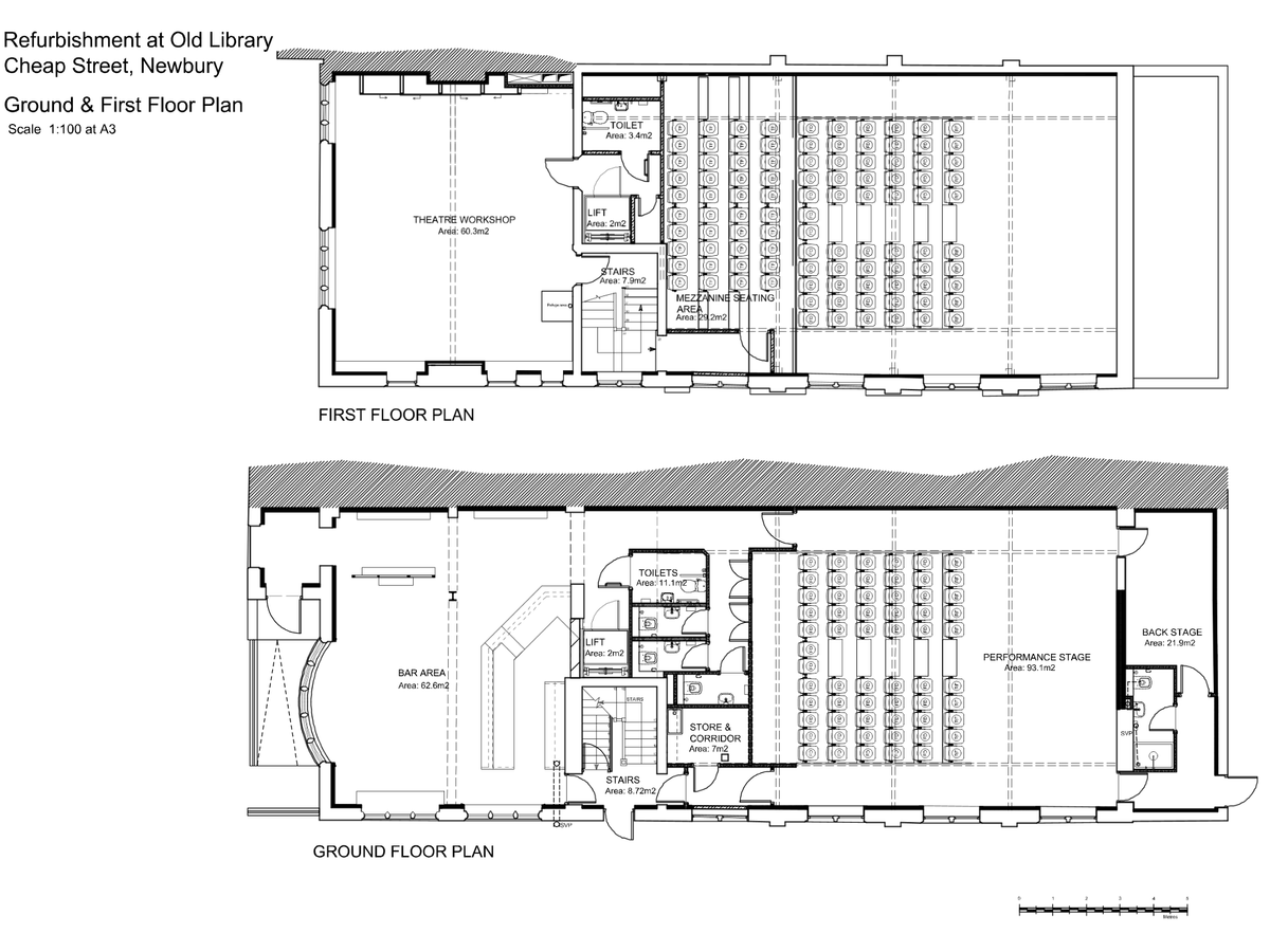 A line drawing of the Old Library redevelopment plans showing the ground floor and first floor