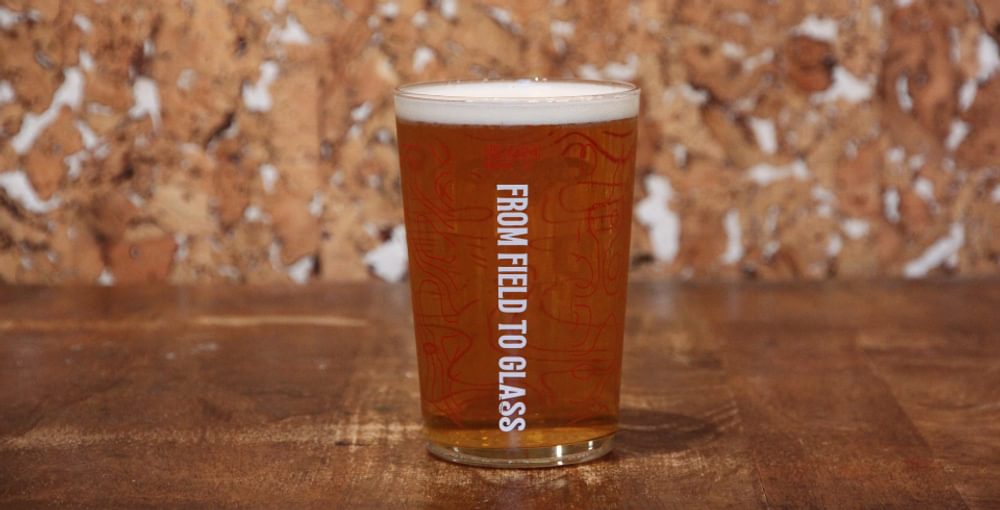 A glass of beer which reads 'From field to glass'