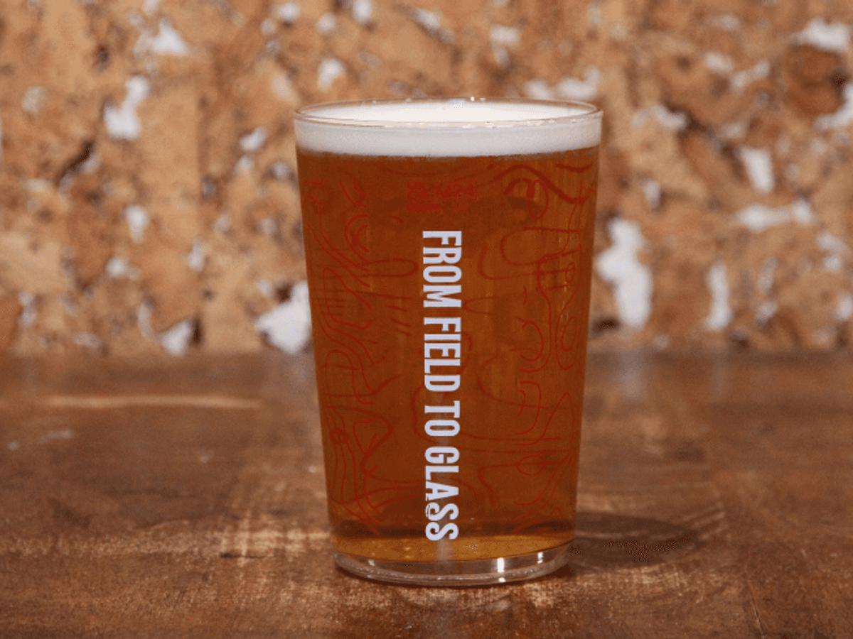 A glass of beer which reads 'From field to glass'