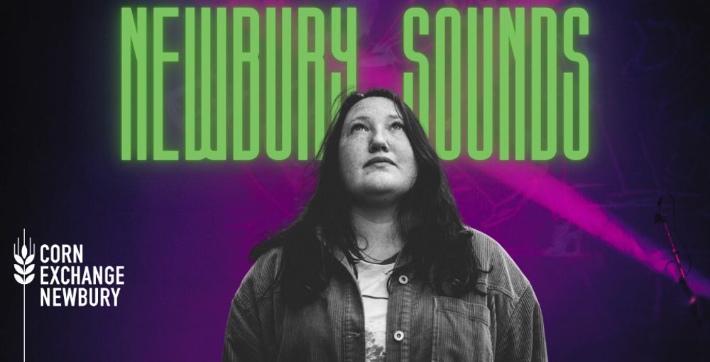 A girl in black and white wears a dark jacket and looks up at a title in green that reads 'Newbury Sounds'