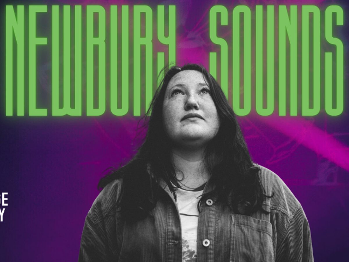 A girl in black and white wears a dark jacket and looks up at a title in green that reads 'Newbury Sounds'