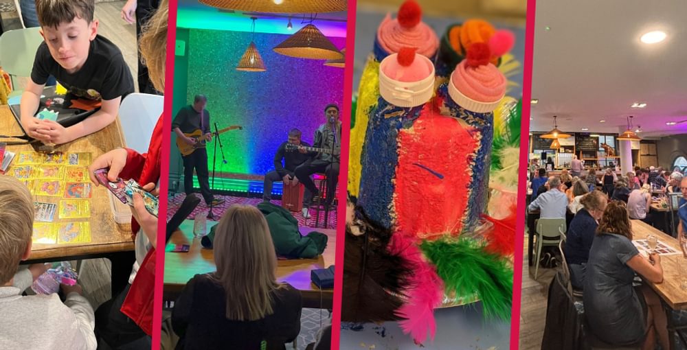A collage of colourful images. Three boys swapping Pokémon cards, an open mic event, a colourful easter craft and a room with people doing a quiz.