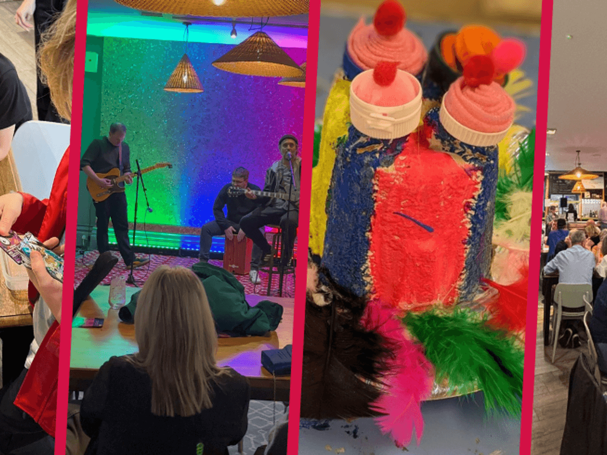 A collage of colourful images. Three boys swapping Pokémon cards, an open mic event, a colourful easter craft and a room with people doing a quiz.