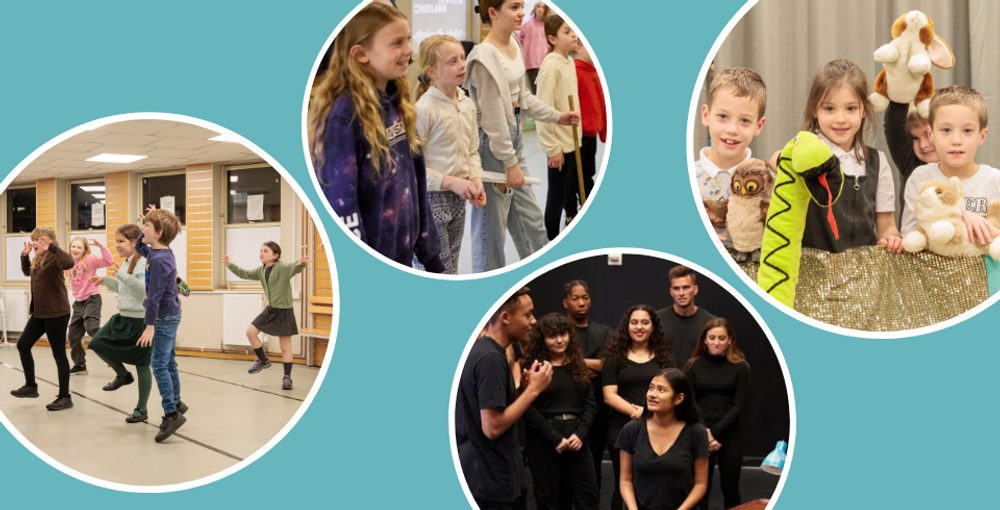 A collection of 4 circles with images of young people in drama workshops
