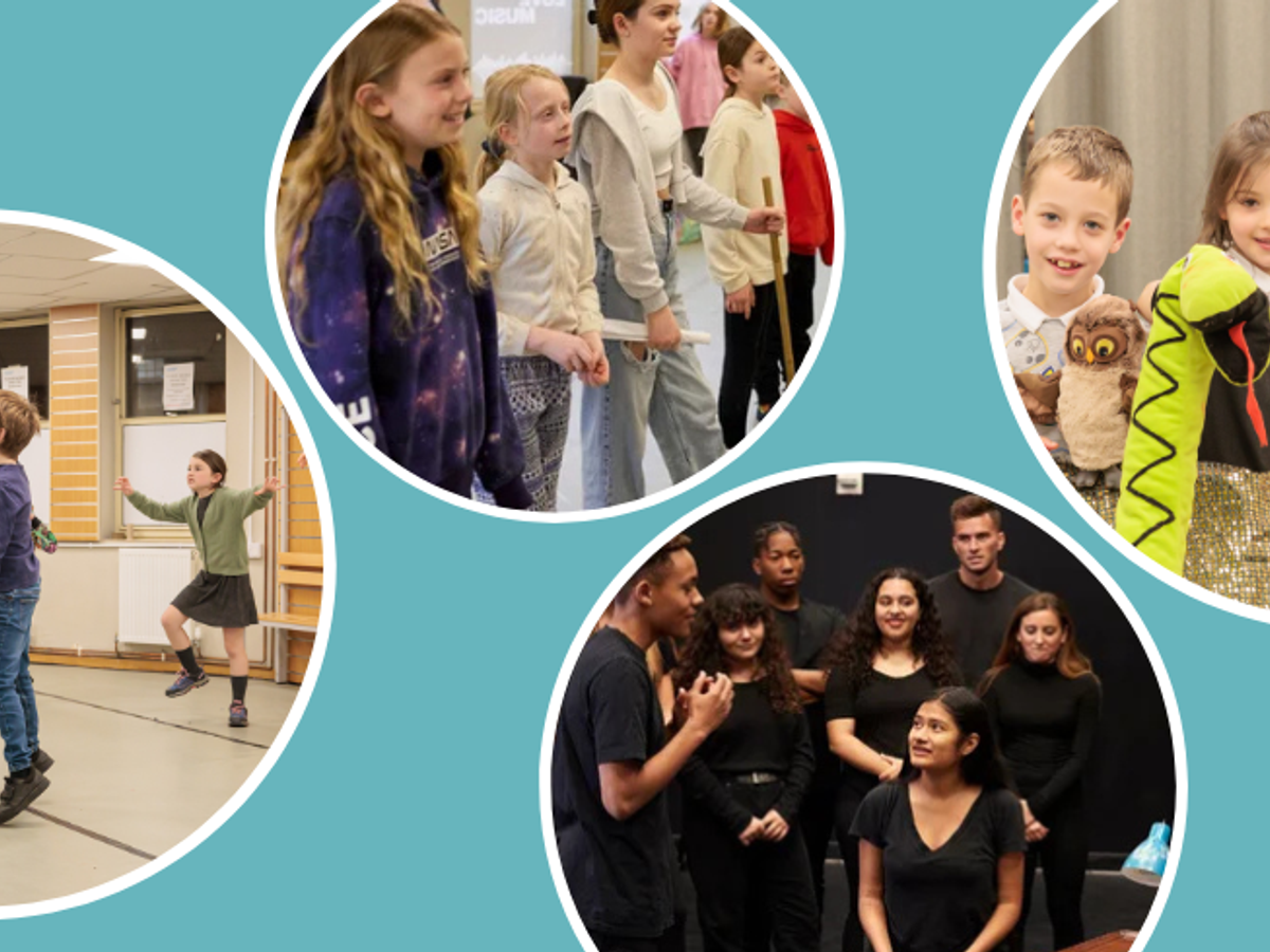 A collection of 4 circles with images of young people in drama workshops