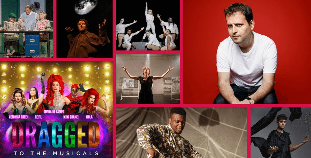 A collage of images of theatre shows with a red boarder