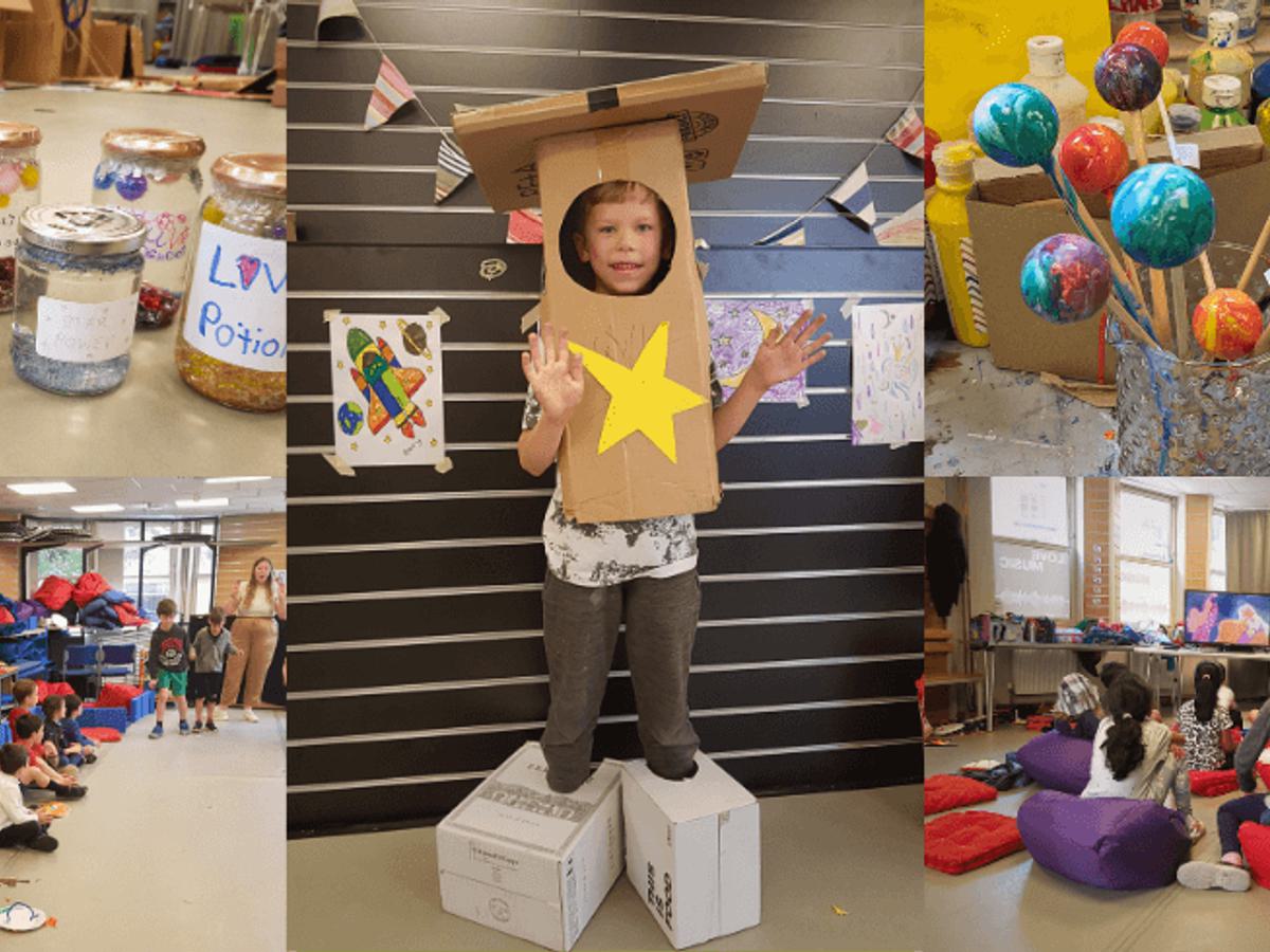 A collage of various craft activities surround an image of a boy in a cardboard robot costume