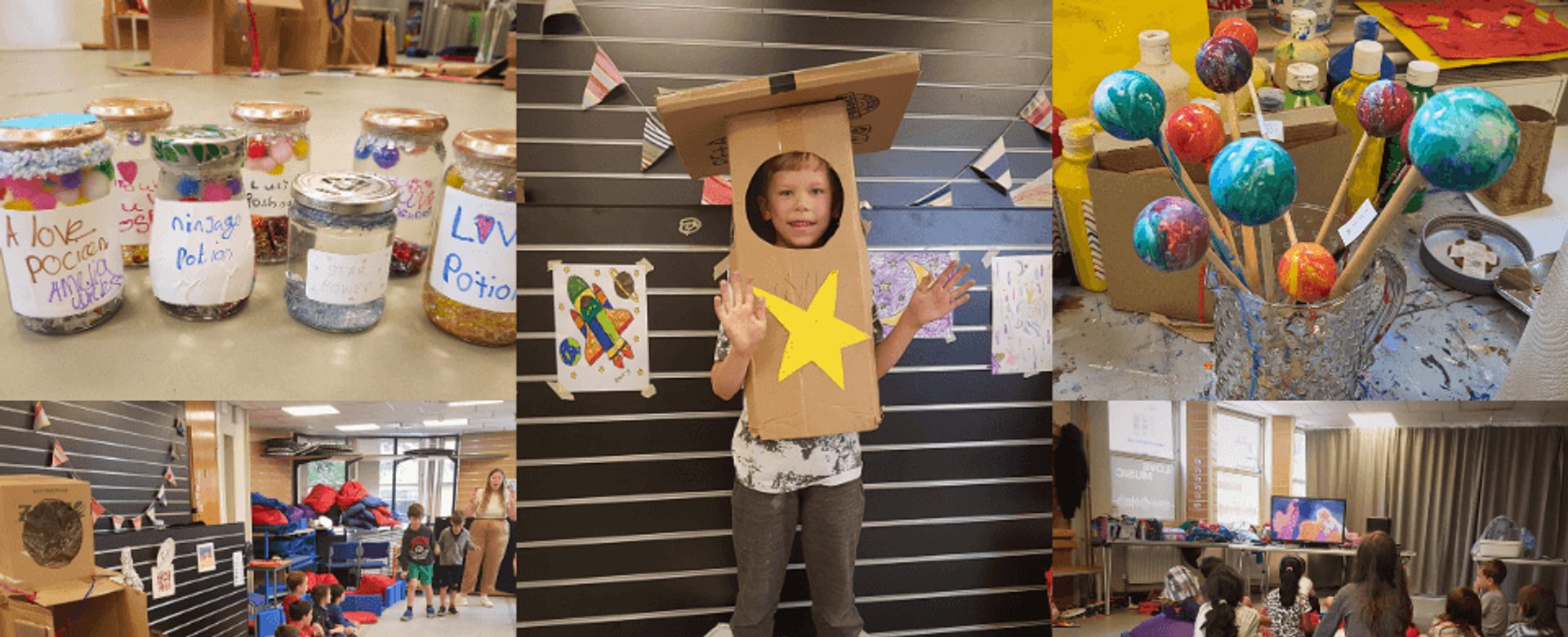 A collage of various craft activities surround an image of a boy in a cardboard robot costume