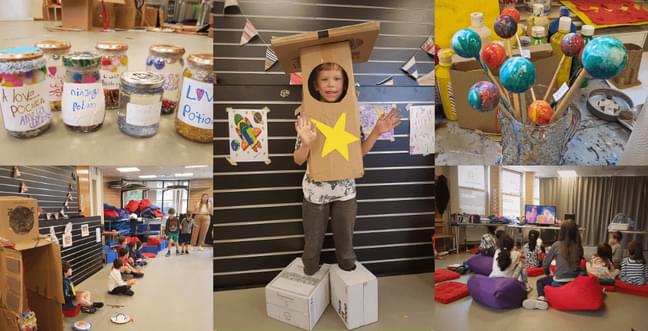 A collage of various craft activities surround an image of a boy in a cardboard robot costume