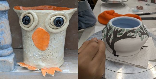 A pot to the left in the style of a bird with a large orange beak and feet with large eyes. To the right is a blue and white pot with trees