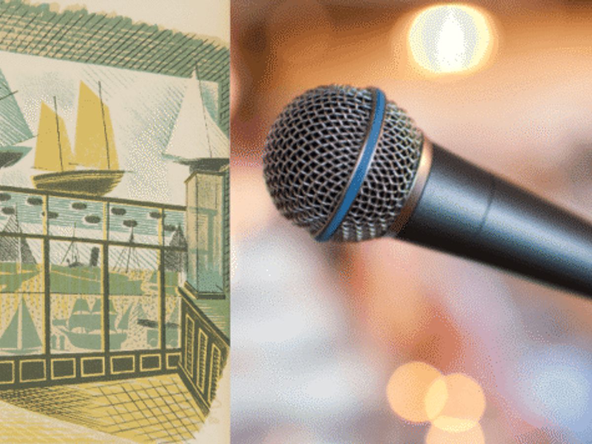A picture using green and yellow colours to create an image of a shop selling model boats. Also a picture of a microphone beside it.