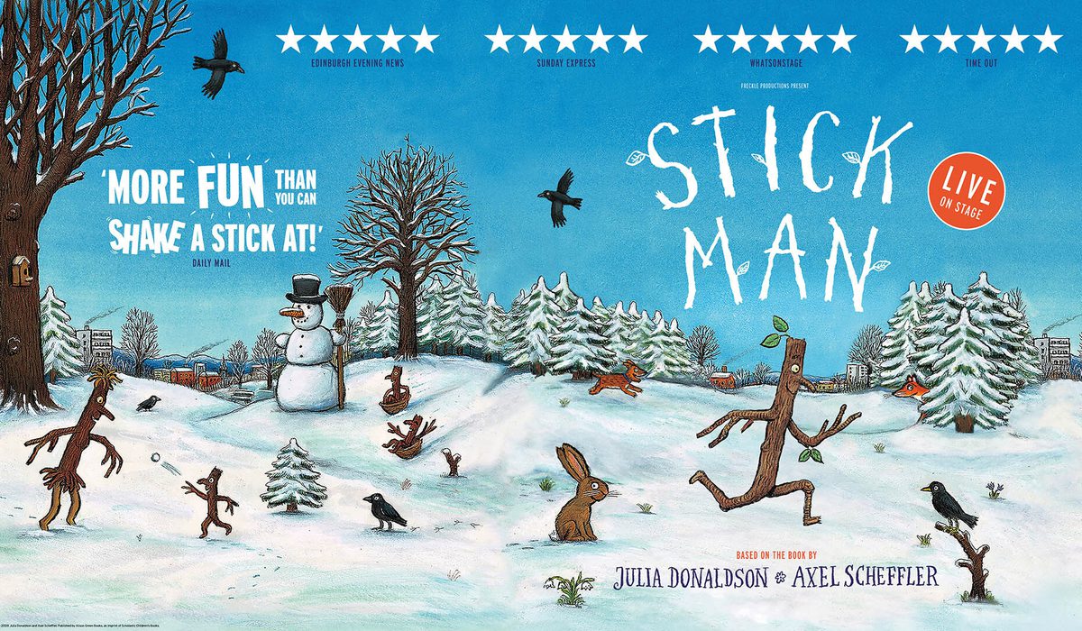 A snowy illustrated scene with creatures running in the show with trees in the background. Two stick-people run across the snow with the title 'Stick Man' above them
