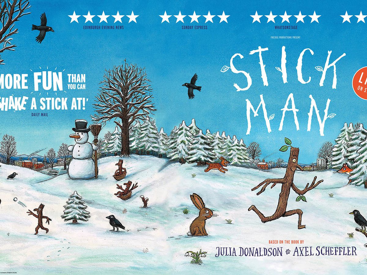 A snowy illustrated scene with creatures running in the show with trees in the background. Two stick-people run across the snow with the title 'Stick Man' above them