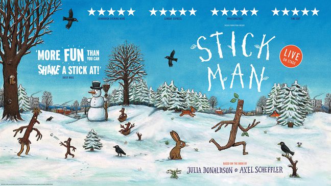 A snowy illustrated scene with creatures running in the show with trees in the background. Two stick-people run across the snow with the title 'Stick Man' above them
