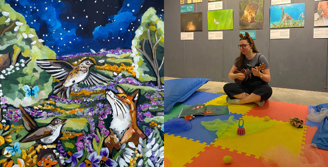 Split image: Left side shows a colorful forest illustration with a fox, birds, and flowers under a starry sky. Right side shows a woman playing ukulele in a kids' play area with toys, books, and animal photos on the wall.