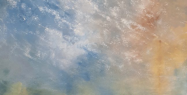 a painting with blue, white and yellow
