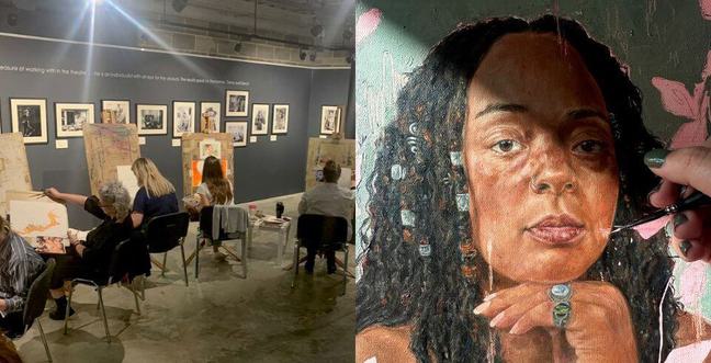 A group of people in a gallery painting on a canvas next to a painted portrait of a woman