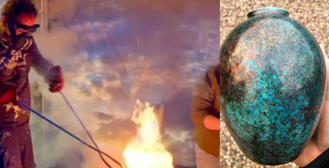 A person holds a piece of pottery in a fire using a long metal tool. Next to it is an image of a beautiful speckled greeny blue glazed vase.