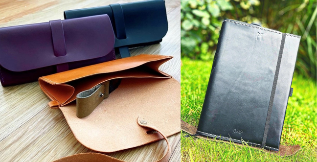 Leather wallets and a notebook cover in various colors, showcasing handmade craftsmanship.