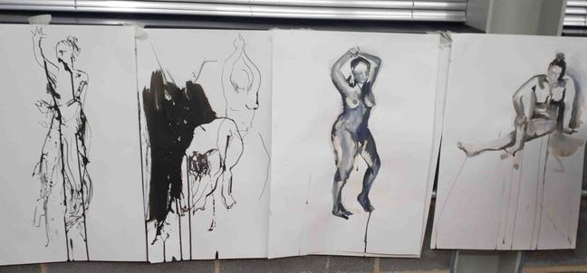 Black and white life drawings on white paper in a row