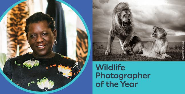 Curator Miranda Lowe CBE next to the Wildlife Photographer of the Year 60 poster