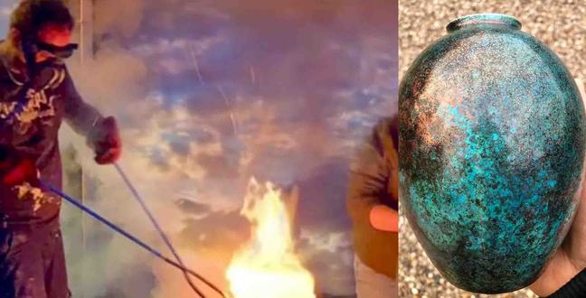 A person in goggles and cloves holds large pincers into a fire. Next to it is a picture of a turquoise vase.