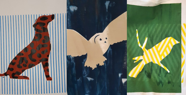 three colourful posters of a dog, owl and bird