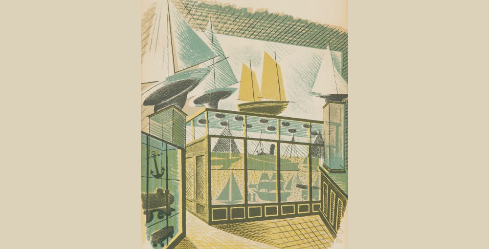 A linograph of a green, blue and cream drawing of model ships in a shelving unit