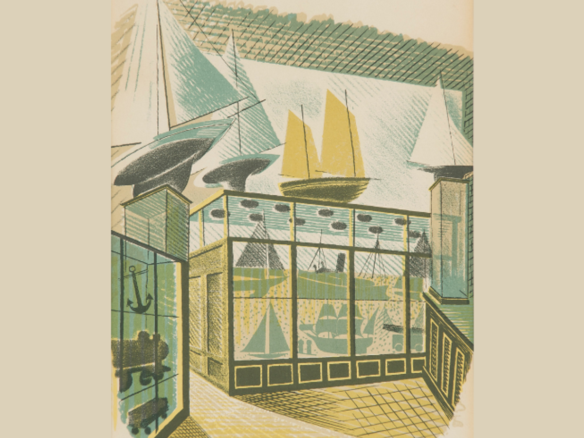 A linograph of a green, blue and cream drawing of model ships in a shelving unit