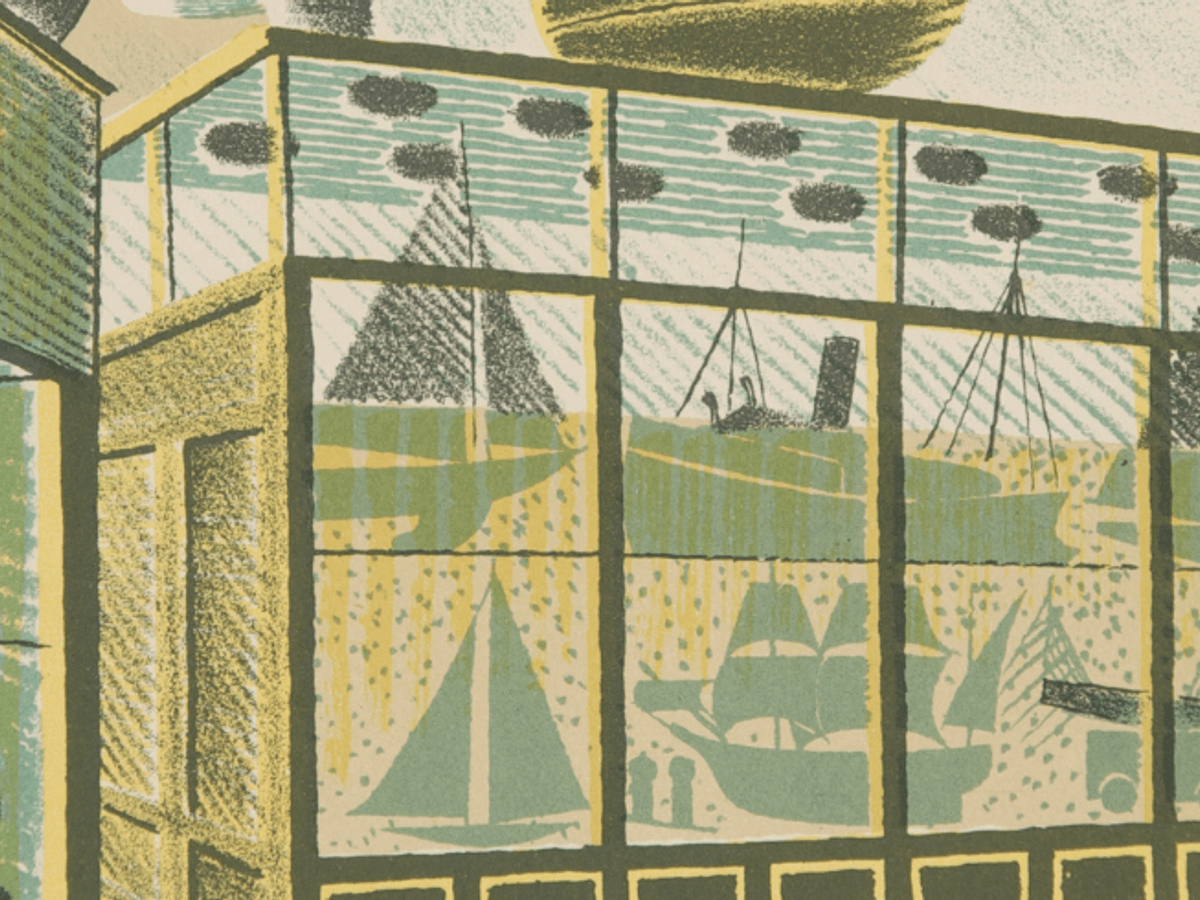 A linograph of a green, blue and cream drawing of model ships in a shelving unit
