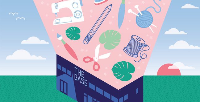 Craft materials explode out of the roof if an illustration of The Base building