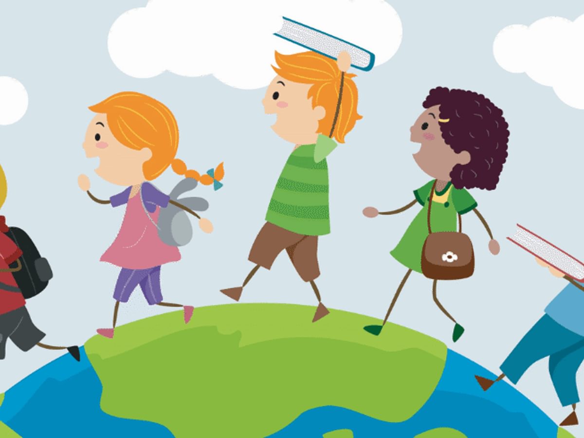 A cartoon image of some children walking on the earth