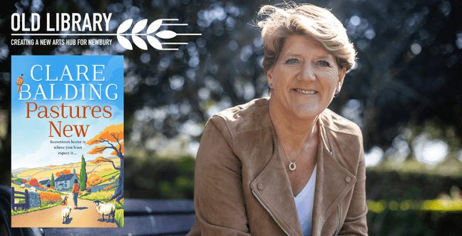 Clare Balding sat on a park bench with some trees behind her, alongside an image of her new book.