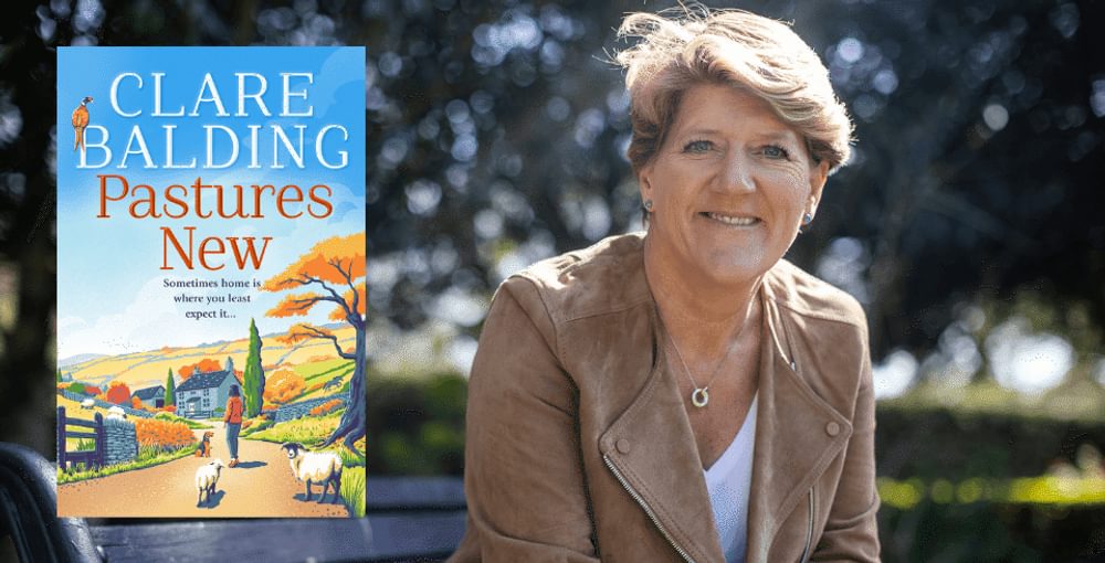 A picture of Clare Balding sat outside by some trees with an image of her new book next to her.