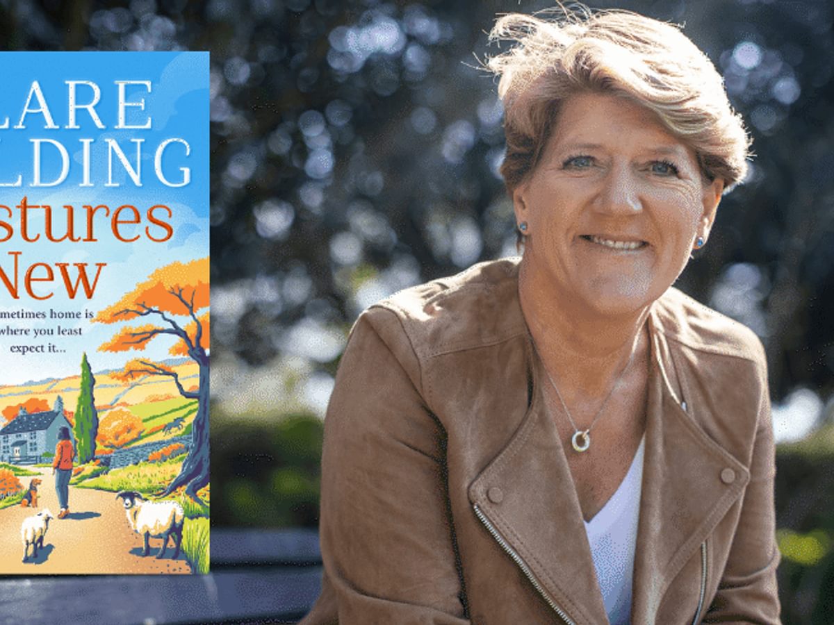 A picture of Clare Balding sat outside by some trees with an image of her new book next to her.
