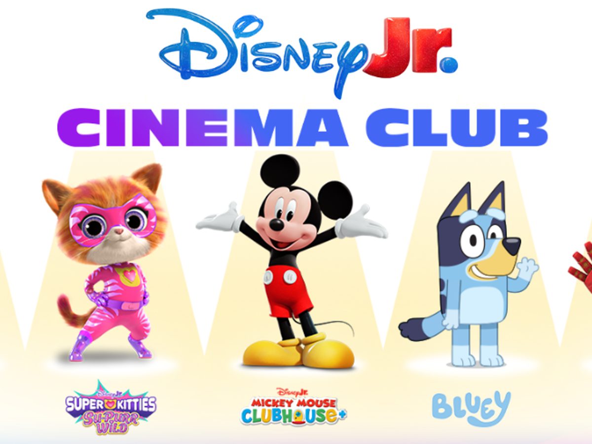 Five cartoon characters against a white background. Text reads 'Disney Jr Cinema Club'