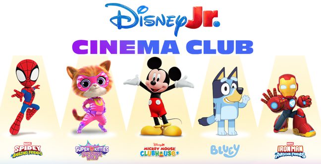Five cartoon characters against a white background. Text reads 'Disney Jr Cinema Club'