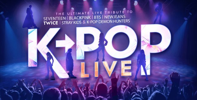 Silhouettes of singers against on a stage with purple lighting. Text reads 'K-POP LIVE'