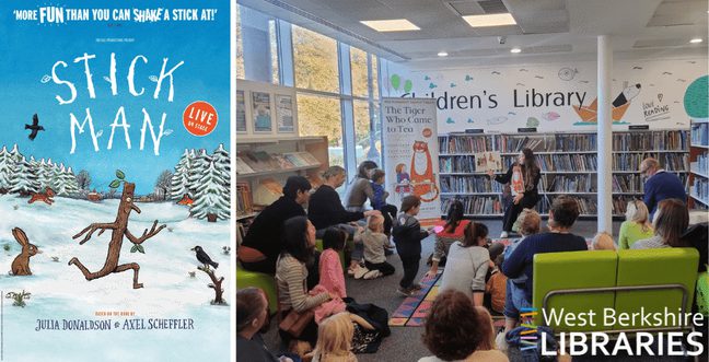 A group of children with their parents sit around a young woman who is reading a storybook